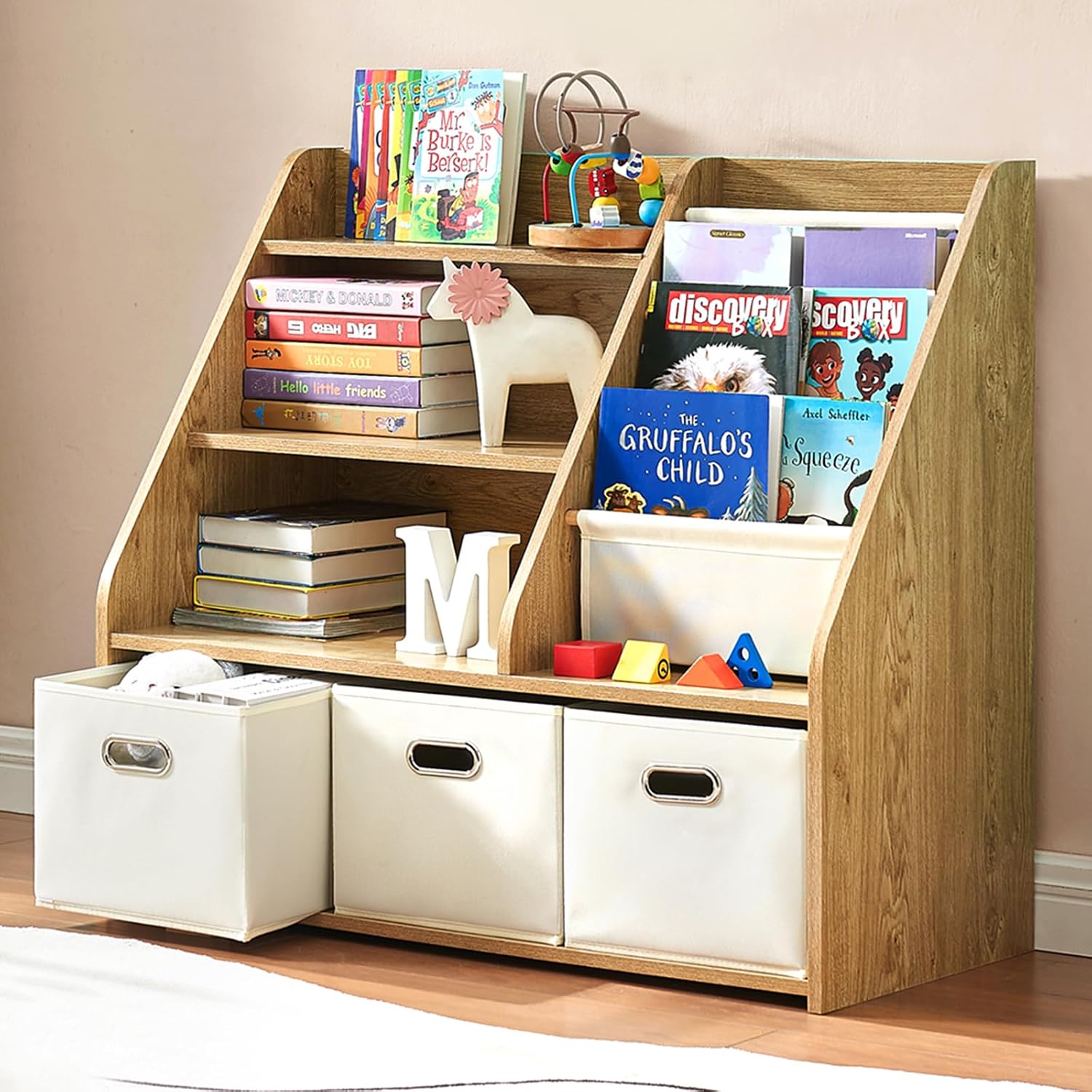Baby Nursery Bookshelf - Montessori Wood Bookshelf & Toy Storage