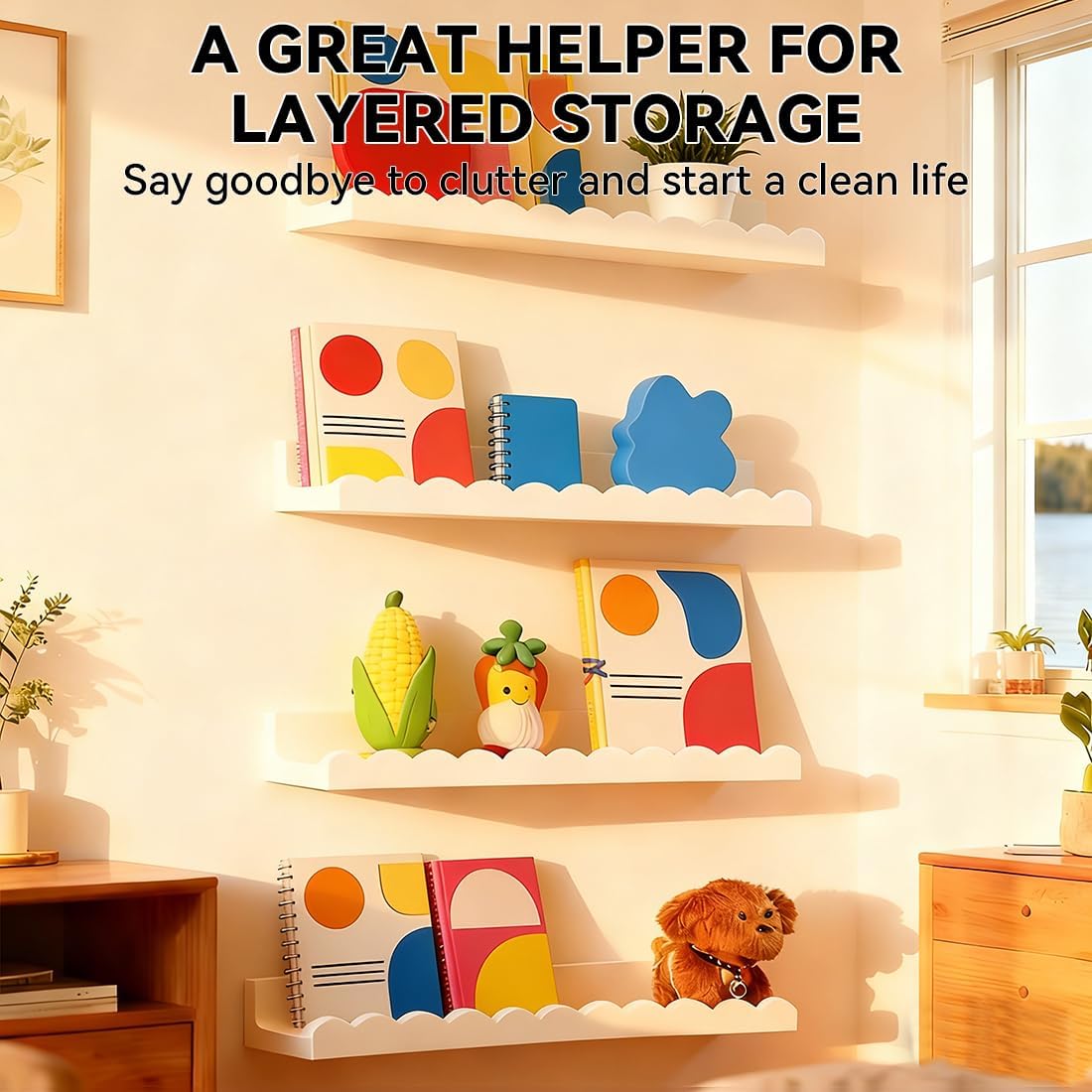 Set of 4 white scalloped float - Baby Nursery Bookshelf 评论和价格