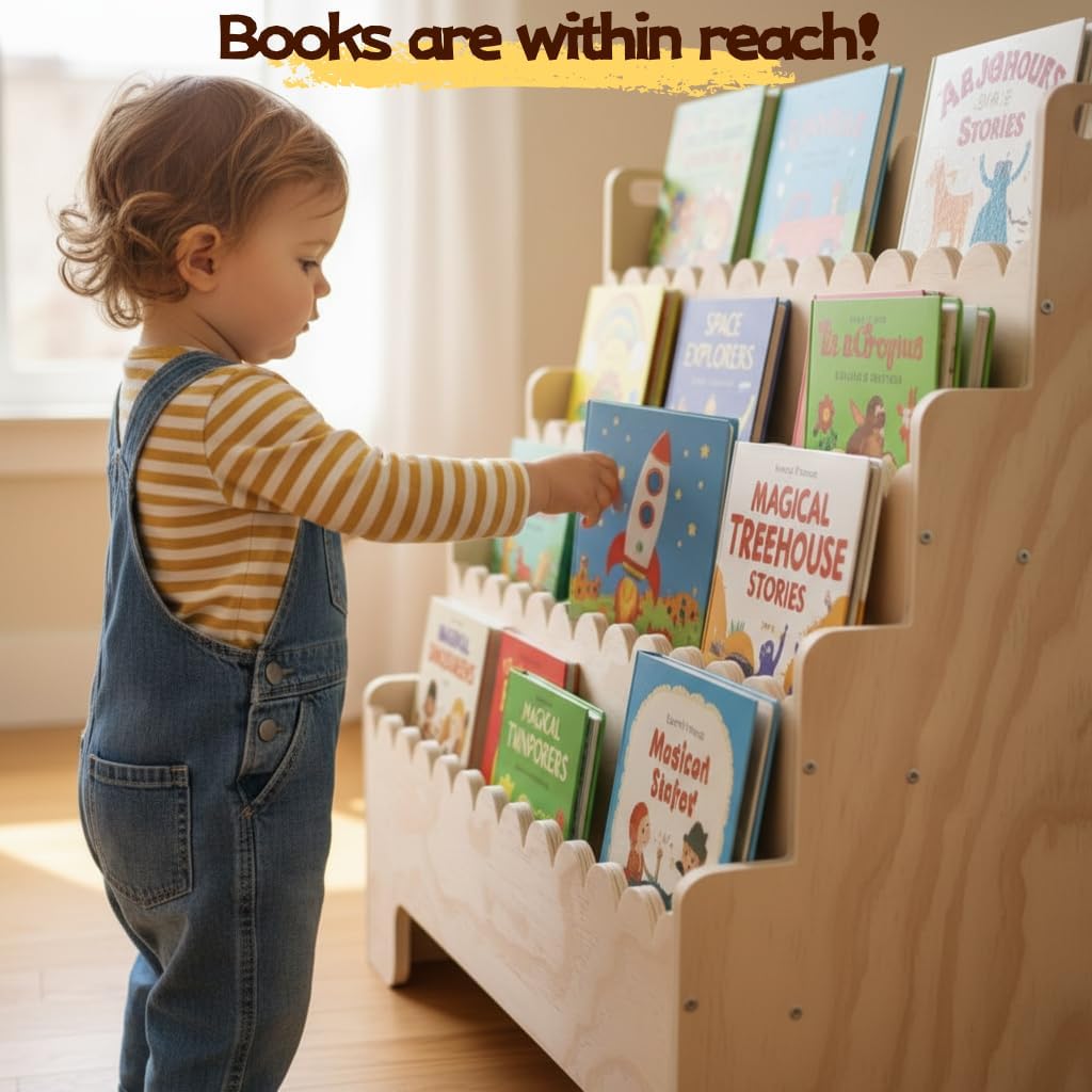 Kids Bookshelf 4-Tier, Natural - Baby Nursery Bookshelf 评论和价格