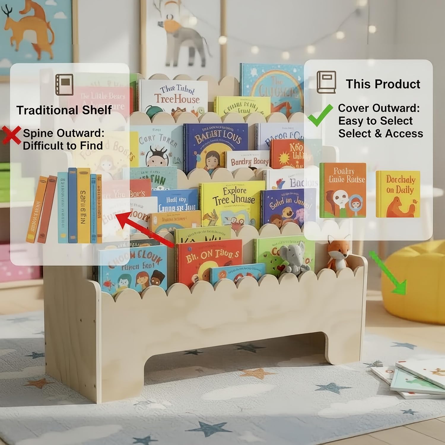Kids Bookshelf 4-Tier, Natural - Baby Nursery Bookshelf 评论和价格